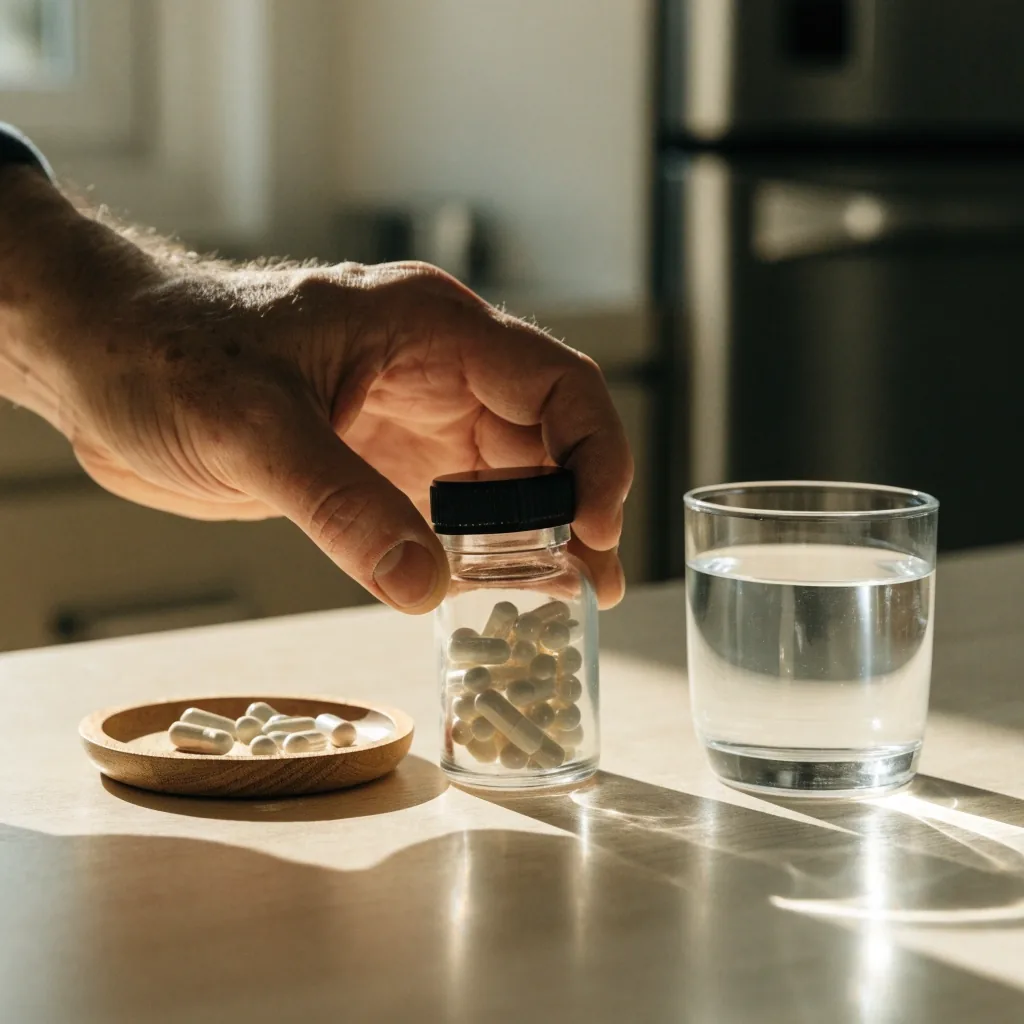 Hombre revisando un frasco de suplemento y una guía impresa sobre la mesa de su cocina