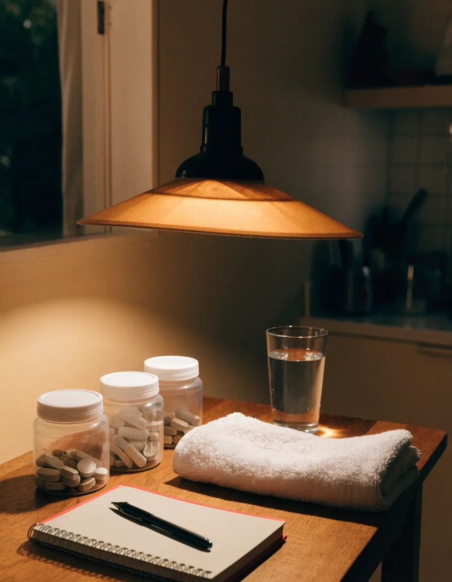 Frascos de complementos sin etiqueta legible ordenados junto a un vaso de agua y un cuaderno