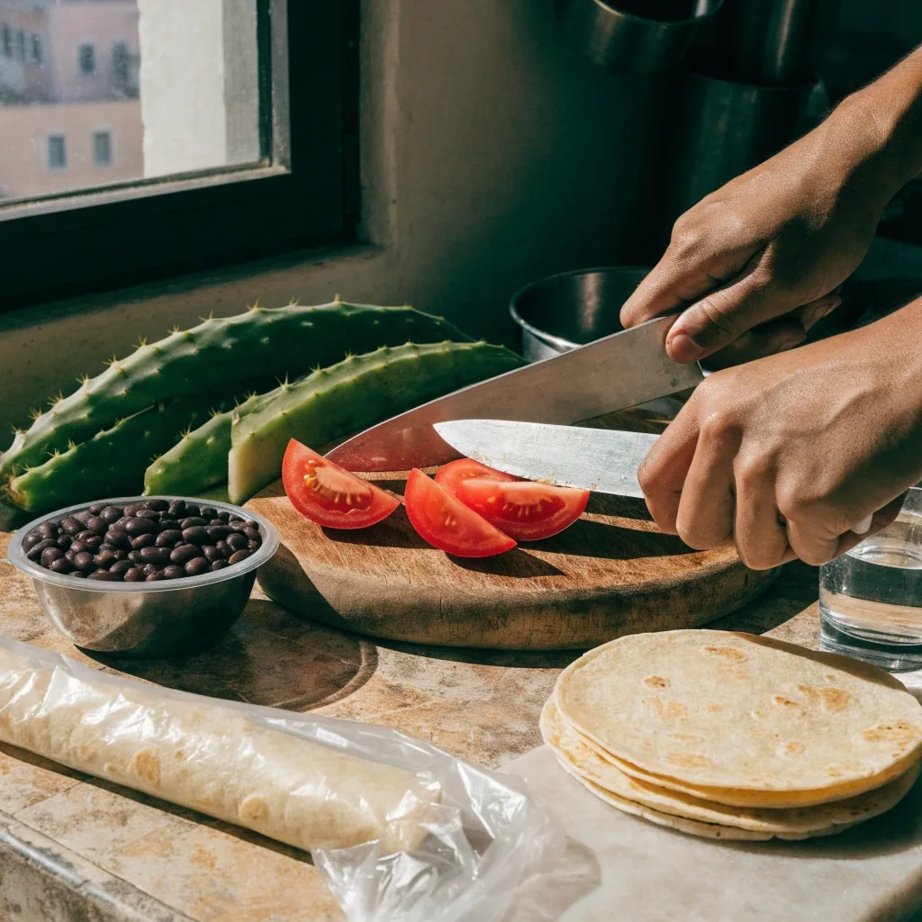 Preparación de una comida casera con verduras y legumbres antes del almuerzo