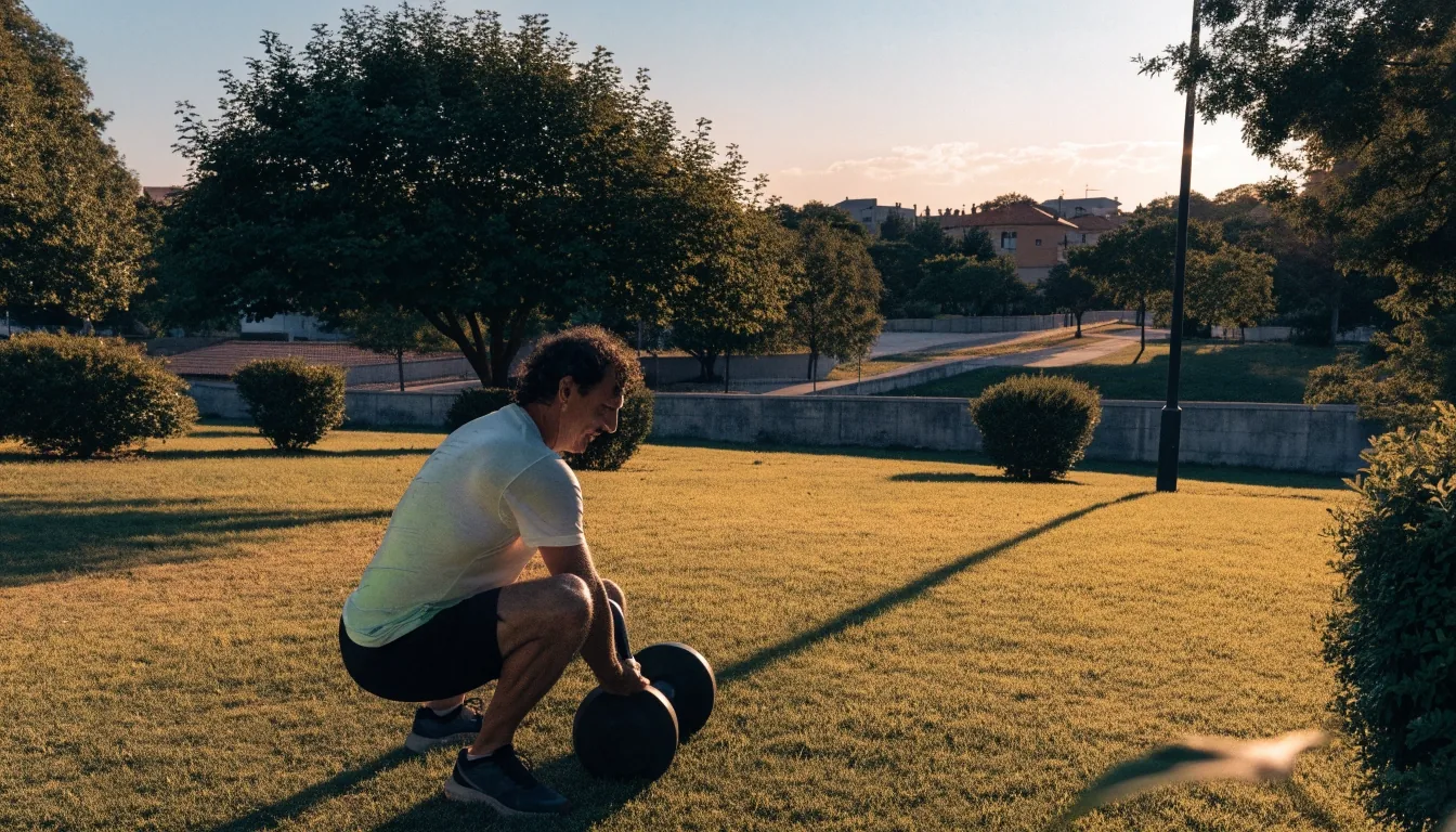 Sesión corta de fuerza al aire libre en un parque residencial durante la tarde