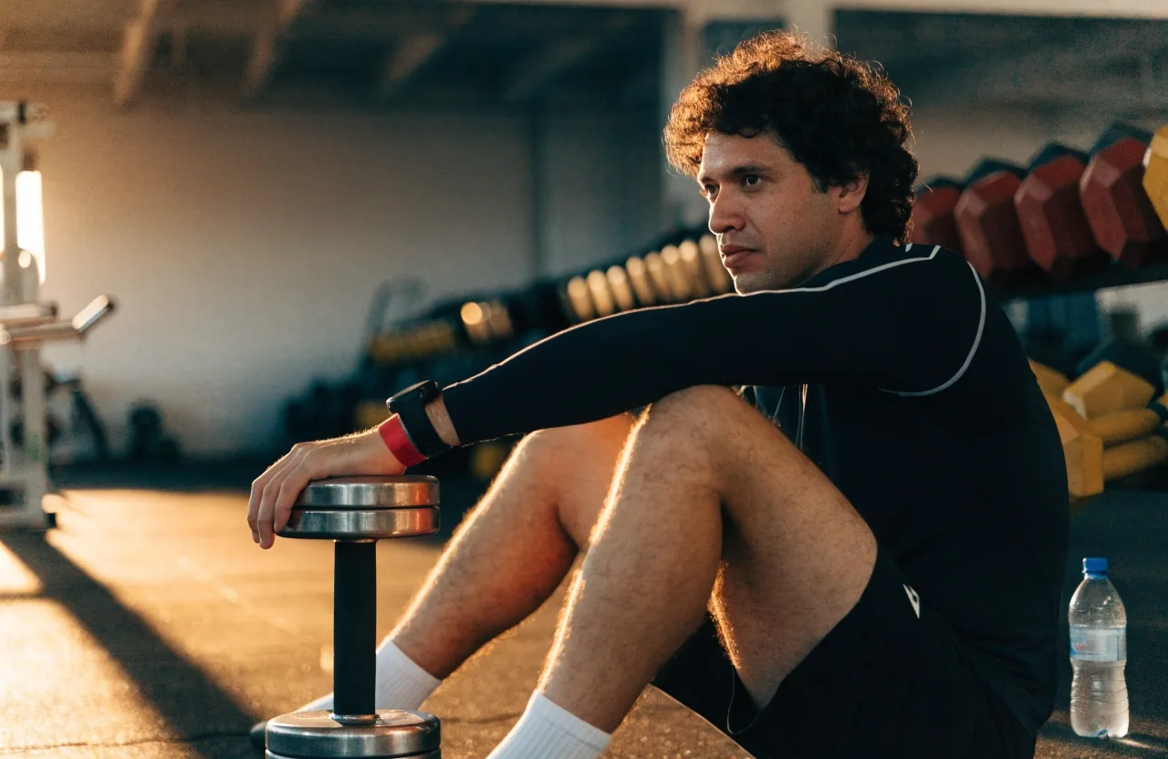 Hombre descansando entre series en un gimnasio con pesas al fondo