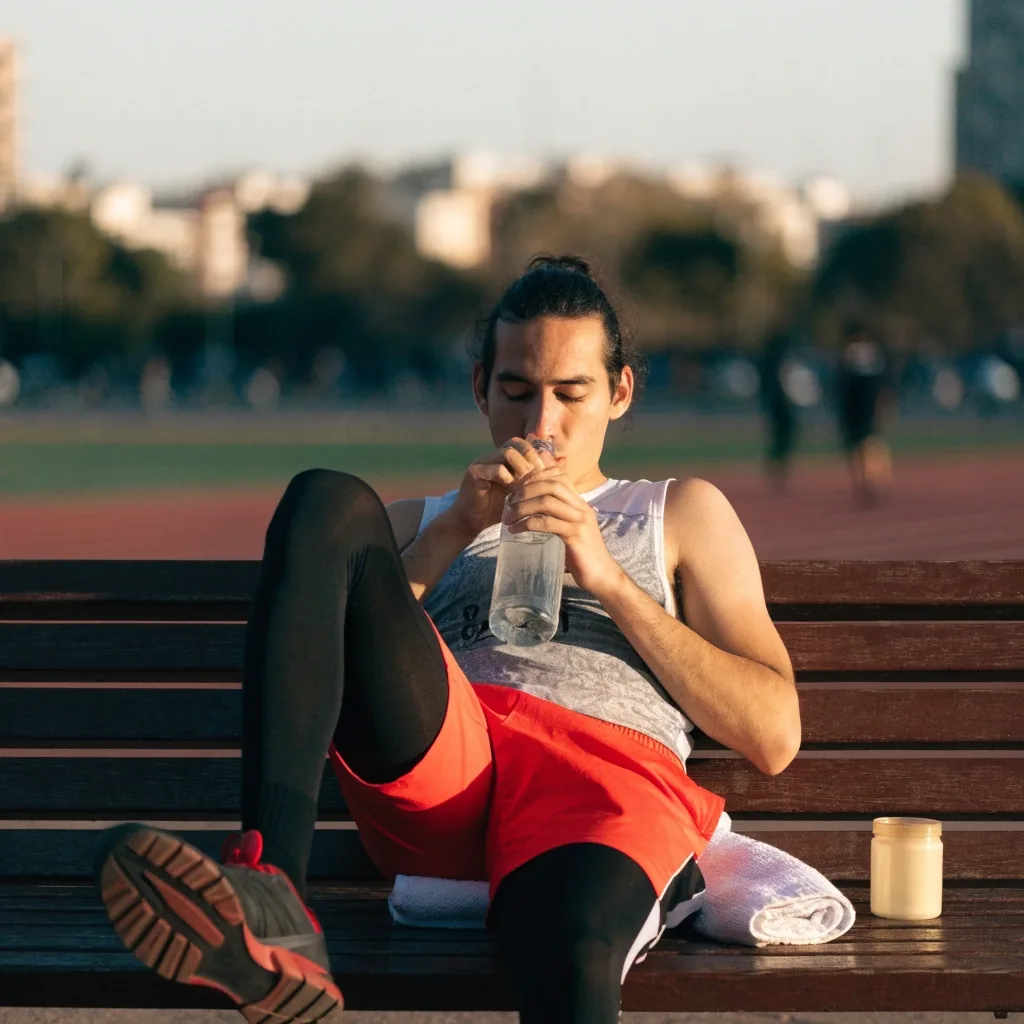 Hombre descansando en un banco tras su entrenamiento con una botella de suplemento a un lado