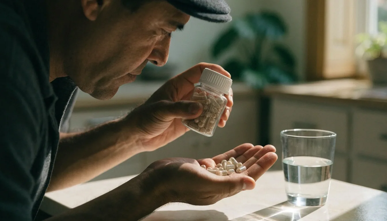 Frascos de complementos naturales para hombres sobre una mesa junto a un vaso de agua en una cocina con luz de mañana