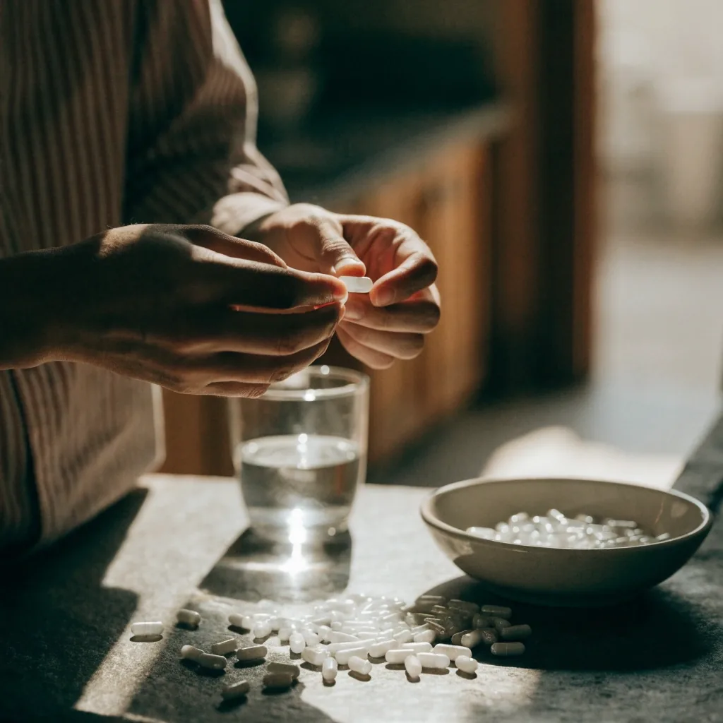 Tabletas y cápsulas de complementos naturales sin marca dispersas sobre una superficie oscura junto a un vaso de agua
