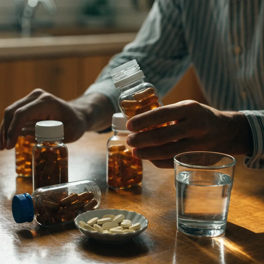 Frascos de suplementos naturales para hombres sobre una mesa de madera junto a un vaso de agua
